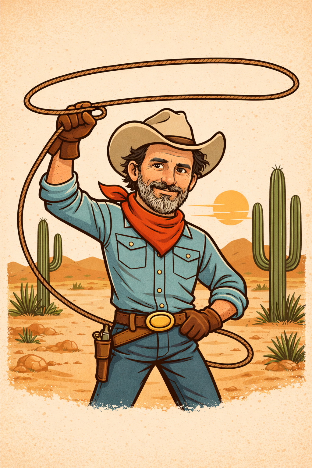 Cowboy swinging a lasso in the desert